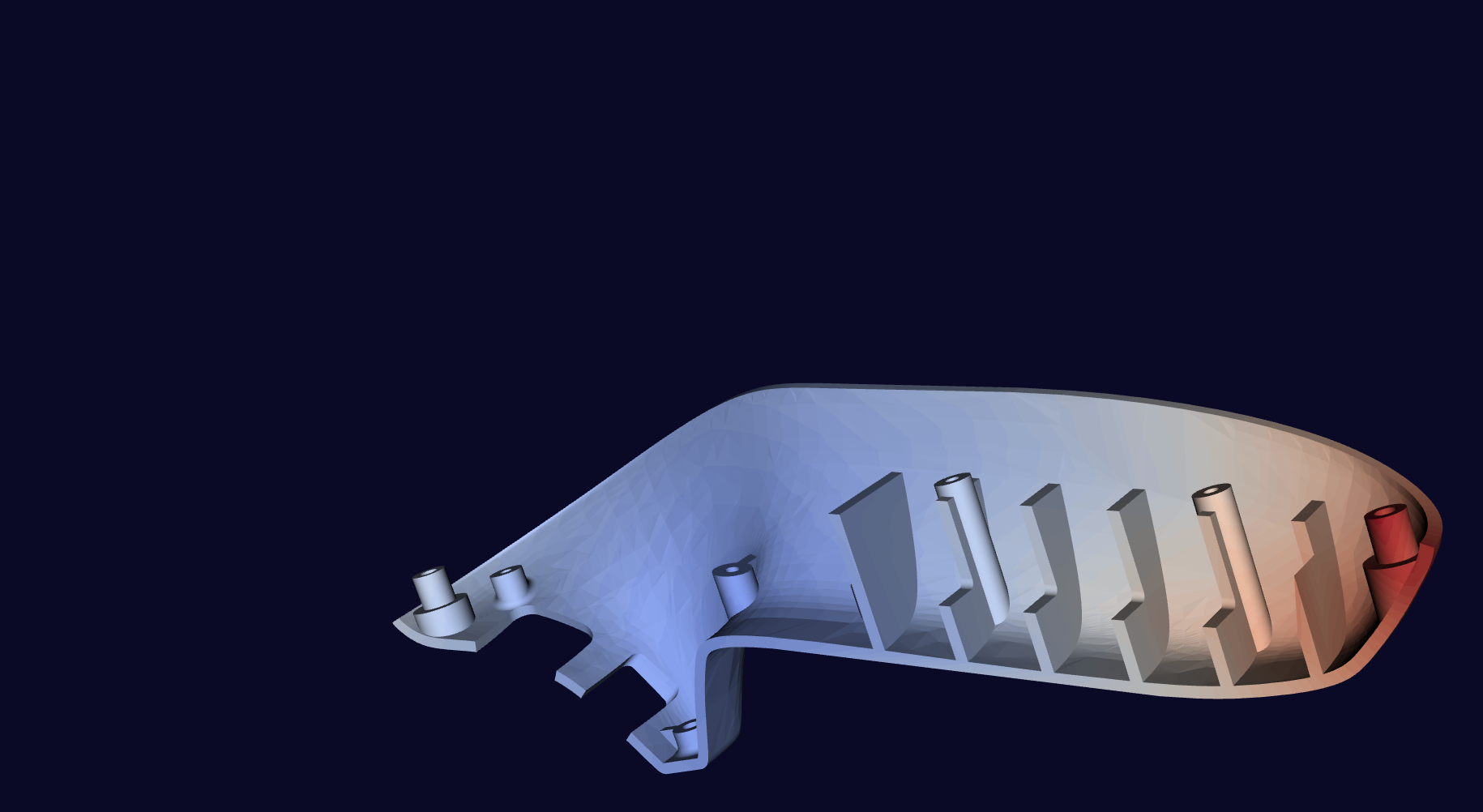 Concept-phase 3D render of an injection mold cavity — streamlined shell with conformal cooling channels (white tubes) and a thermal gradient indicating the hotspot region.